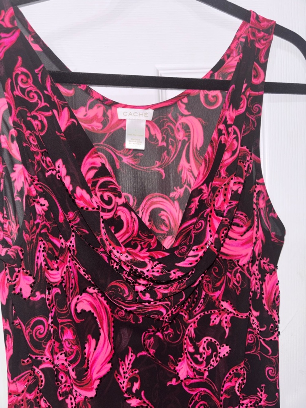Cache Black and Pink Scroll-Print Cowl Neck Camisole - Picture 3 of 6